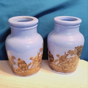 Antique 1850's English Prattware Pottery Powder Blue Potted Meat Jar Pair